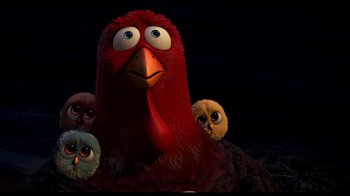 Movie still from “Free Birds” (2013), directed by Jimmy Hayward – A red bird is surrounded by three other birds; Close Up shot, Low angle