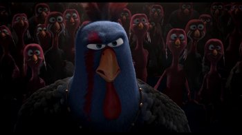 Movie still from “Free Birds” (2013), directed by Jimmy Hayward – A group of turkeys are standing in the dark; Close Up shot, High angle