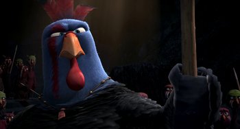 Movie still from “Free Birds” (2013), directed by Jimmy Hayward – A turkey bird with a red beak; Close Up shot, Low angle