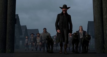 Movie still from “Free Birds” (2013), directed by Jimmy Hayward – A crowd of people that are standing together; Wide shot, Low angle