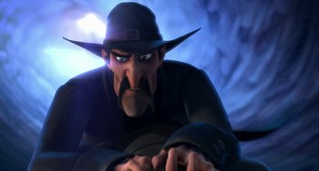 Movie still from “Free Birds” (2013), directed by Jimmy Hayward – An animated man in a hat and a black hat; Close Up shot, High angle