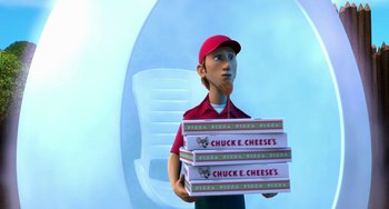 Movie still from “Free Birds” (2013), directed by Jimmy Hayward – A man holding three boxes of pizza in his hands; Medium shot, Over the shoulder angle