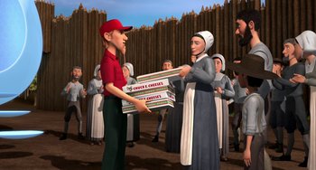 Movie still from “Free Birds” (2013), directed by Jimmy Hayward – A man and a woman are holding pizza boxes; Medium shot, Over the shoulder angle