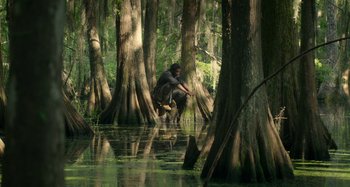 Movie still from “Free State of Jones” (2016), directed by Gary Ross – A man is jumping into the water in the woods; Wide shot, High angle