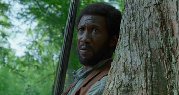 Movie still from “Free State of Jones” (2016), directed by Gary Ross – A man with a gun standing next to a tree; Close Up shot, Low angle