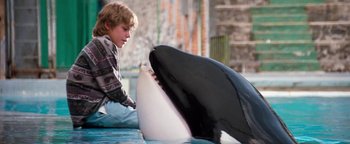 Movie still from “Free Willy” (1993), directed by Simon Wincer – A young boy looking at an orca in a pool; Medium shot, High angle