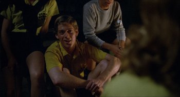 Movie still from “Friday the 13th” (1980), directed by Sean S. Cunningham – A group of young men sitting next to each other in a room; Medium shot, Over the shoulder angle