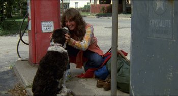 Movie still from “Friday the 13th” (1980), directed by Sean S. Cunningham – A woman kneeling down next to a brown and white dog; Medium shot, High angle