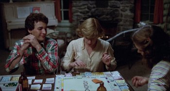 Movie still from “Friday the 13th” (1980), directed by Sean S. Cunningham – Two people sitting at a table playing a board game; Medium shot, Over the shoulder angle
