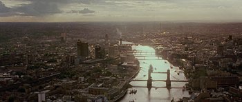 Movie still from “Frost/Nixon” (2008), directed by Ron Howard – An aerial view of a city and a river; Extreme Wide shot, High angle