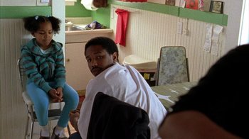 Movie still from “Fruitvale Station” (2013), directed by Ryan Coogler – A group of people sitting around a table; Medium shot, Over the shoulder angle