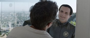 Movie still from “Galaxy Quest” (1999), directed by Dean Parisot – A man is looking at himself in the mirror; Close Up shot, Over the shoulder angle