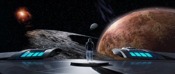 Movie still from “Galaxy Quest” (1999), directed by Dean Parisot – An image of a man standing in front of an asteroid field; Extreme Wide shot, High angle