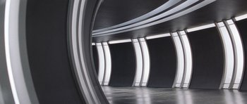 Movie still from “Galaxy Quest” (1999), directed by Dean Parisot – A black and white photo of a room with lights; Extreme Wide shot, High angle