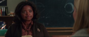 Movie still from “Hidden Figures” (2016), directed by Theodore Melfi – A woman standing in front of a chalkboard; Close Up shot, Over the shoulder angle