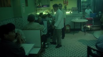 Movie still from “Fallen Angels” (1995), directed by Kar-Wai Wong – A group of people sitting at a table in a restaurant; Wide shot, High angle