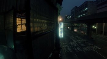 Movie still from “Fallen Angels” (1995), directed by Kar-Wai Wong – A street sign on the side of the road at night; Extreme Wide shot, Low angle