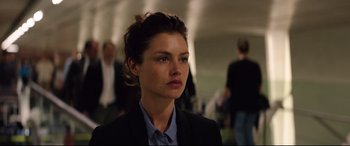 Movie still from “Hitman: Agent 47” (2015), directed by Aleksander Bach – A person wearing a suit and tie; Close Up shot, Over the shoulder angle