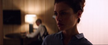 Movie still from “Hitman: Agent 47” (2015), directed by Aleksander Bach – A person looking at the camera; Close Up shot, Over the shoulder angle