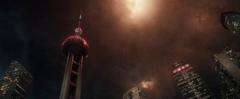 Movie still from “Geostorm” (2017), directed by Dean Devlin – A very tall tower in the middle of the night; Extreme Wide shot, Low angle