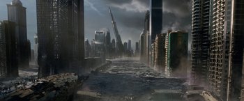 Movie still from “Geostorm” (2017), directed by Dean Devlin – A city with a river running through it; Extreme Wide shot, High angle