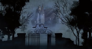 Movie still from “Hotel Transylvania” (2012), directed by Genndy Tartakovsky – An image of a house in the middle of the night; Extreme Wide shot, Low angle