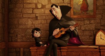 Movie still from “Hotel Transylvania” (2012), directed by Genndy Tartakovsky – A woman sitting next to a man holding a guitar; Medium shot, Over the shoulder angle