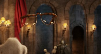 Movie still from “Hotel Transylvania” (2012), directed by Genndy Tartakovsky – A pair of eye glasses hanging from a wall; Extreme Close Up shot, Over the shoulder angle