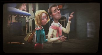 Movie still from “Hotel Transylvania” (2012), directed by Genndy Tartakovsky – A cartoon of a man and a woman holding hands; Medium shot, Over the shoulder angle