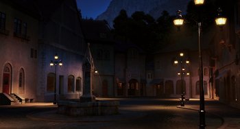 Movie still from “Hotel Transylvania” (2012), directed by Genndy Tartakovsky – An empty street at night with a fountain in the middle of the street; Extreme Wide shot, High angle