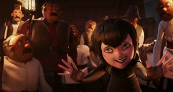 Movie still from “Hotel Transylvania” (2012), directed by Genndy Tartakovsky – A group of people standing in a room; Medium shot, Over the shoulder angle