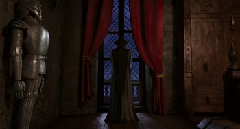 Movie still from “Hotel Transylvania” (2012), directed by Genndy Tartakovsky – A man in a hat standing in front of a window; Wide shot, Low angle