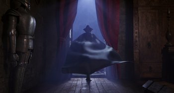 Movie still from “Hotel Transylvania” (2012), directed by Genndy Tartakovsky – A woman in a black dress is walking through a door way; Wide shot, Low angle