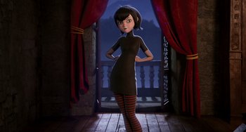 Movie still from “Hotel Transylvania” (2012), directed by Genndy Tartakovsky – An animated character standing in front of an open door; Medium shot, Low angle