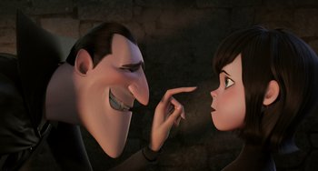 Movie still from “Hotel Transylvania” (2012), directed by Genndy Tartakovsky – An animated man and a woman face to face; Close Up shot, Over the shoulder angle