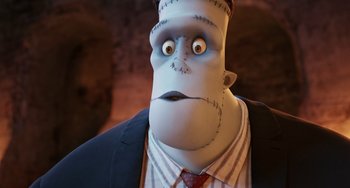 Movie still from “Hotel Transylvania” (2012), directed by Genndy Tartakovsky – The head and face of a cartoon character; Close Up shot, Low angle