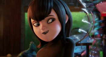 Movie still from “Hotel Transylvania” (2012), directed by Genndy Tartakovsky – An animated woman with a black hair and a black shirt; Close Up shot, Over the shoulder angle