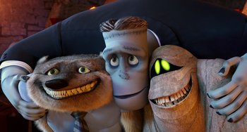 Movie still from “Hotel Transylvania” (2012), directed by Genndy Tartakovsky – A group of stuffed animals with faces of a man , a fox , and an animal; Medium shot, Low angle