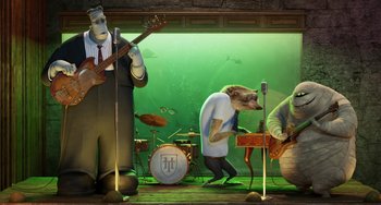 Movie still from “Hotel Transylvania” (2012), directed by Genndy Tartakovsky – A group of people that are standing in a room; Wide shot, Low angle