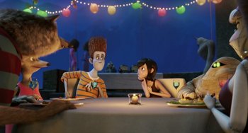 Movie still from “Hotel Transylvania” (2012), directed by Genndy Tartakovsky – A couple of people sitting at a table with a lit candle; Medium shot, Over the shoulder angle
