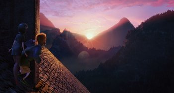 Movie still from “Hotel Transylvania” (2012), directed by Genndy Tartakovsky – A person standing on top of a roof looking at a sunset; Extreme Wide shot, Low angle