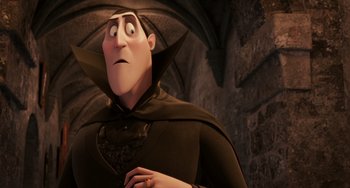 Movie still from “Hotel Transylvania” (2012), directed by Genndy Tartakovsky – A character from hotel transylvania; Close Up shot, Over the shoulder angle