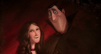 Movie still from “Hotel Transylvania” (2012), directed by Genndy Tartakovsky – A woman and a man are posing for a picture; Close Up shot, Overhead angle