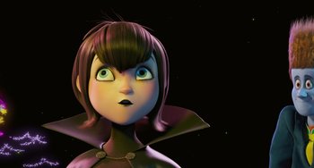 Movie still from “Hotel Transylvania” (2012), directed by Genndy Tartakovsky – A cartoon of a girl with a purple hair and green eyes looking up; Close Up shot, Low angle