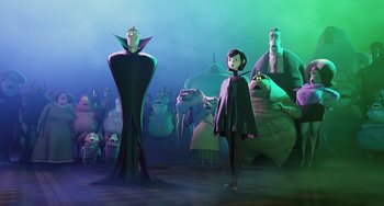 Movie still from “Hotel Transylvania” (2012), directed by Genndy Tartakovsky – A group of people standing in a room; Wide shot, Low angle