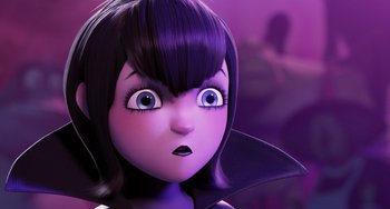 Movie still from “Hotel Transylvania” (2012), directed by Genndy Tartakovsky – A cartoon girl's face with a purple background; Close Up shot, Over the shoulder angle