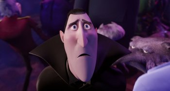 Movie still from “Hotel Transylvania” (2012), directed by Genndy Tartakovsky – A cartoon character with his eyes wide open; Close Up shot, Low angle