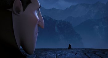 Movie still from “Hotel Transylvania” (2012), directed by Genndy Tartakovsky – View of a man's face in front of mountains; Extreme Wide shot, Over the shoulder angle