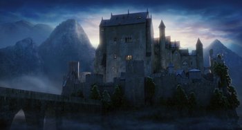Movie still from “Hotel Transylvania” (2012), directed by Genndy Tartakovsky – An old castle is lit up at night; Extreme Wide shot, Low angle