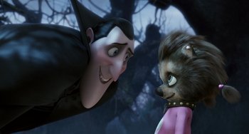 Movie still from “Hotel Transylvania” (2012), directed by Genndy Tartakovsky – A couple of people standing next to each other in a forest; Medium shot, Over the shoulder angle